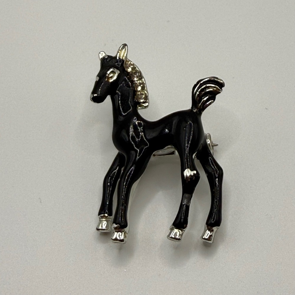 Vintage Black Enamel Horse Foal Brooch Silver Tone Equestrian Pony Pin Figural